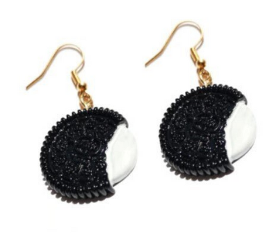 Oreo Bitten Cookie Earrings | Black and White Cookie Dangle Drop Earrings