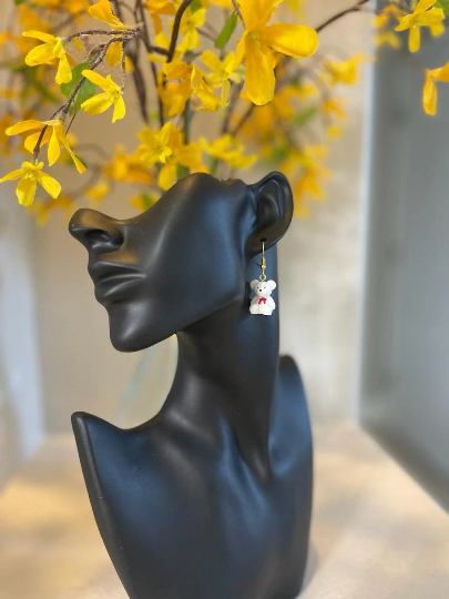White Bear Dangle Earrings | Miniature Resin Bear Earrings | Bear Animal Toy Earrings | Bear Charm Jewelry Earrings | Animal Lover Earrings